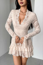 Lace V-Neck Double Ruffle Fitted Mini Dress image 4