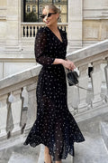 V Neck Waist Long Sleeve High Slit Polka Dot Midi Dress image 1