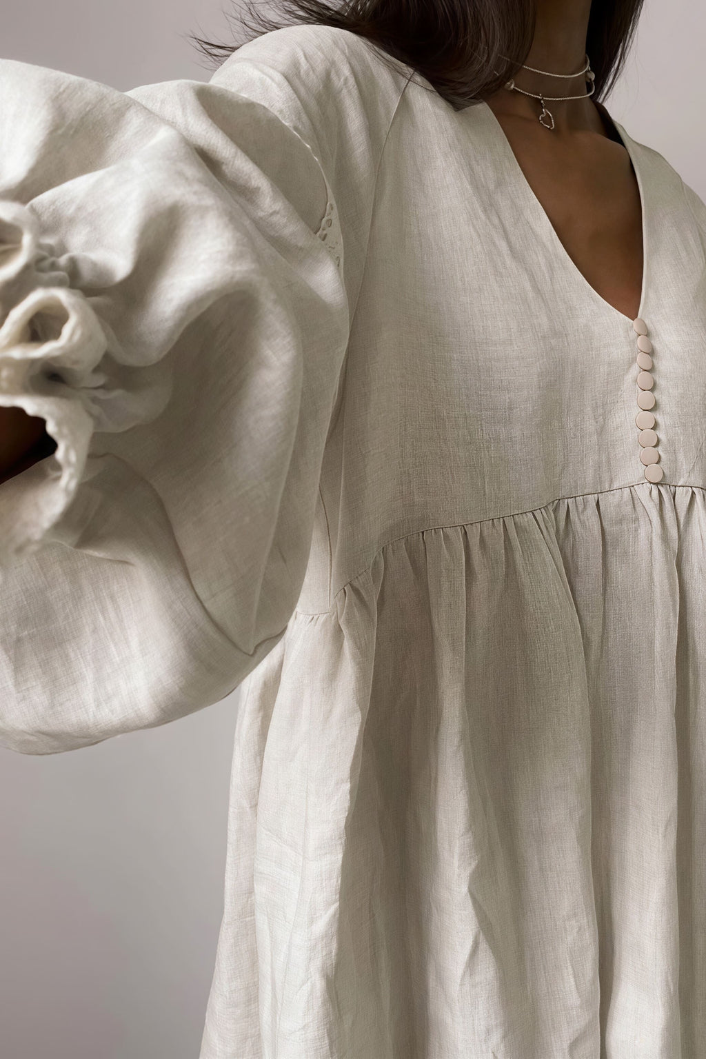 Cotton Linen V Neck Lantern Sleeve Loose Mini Dress image 4
