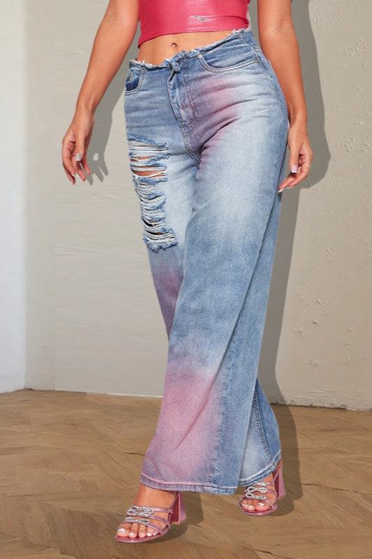 Ripped Color Block Ink Splash Distressed Jeans image 2