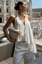Mesh Asymmetrical Solid Halter Cami Top image 3