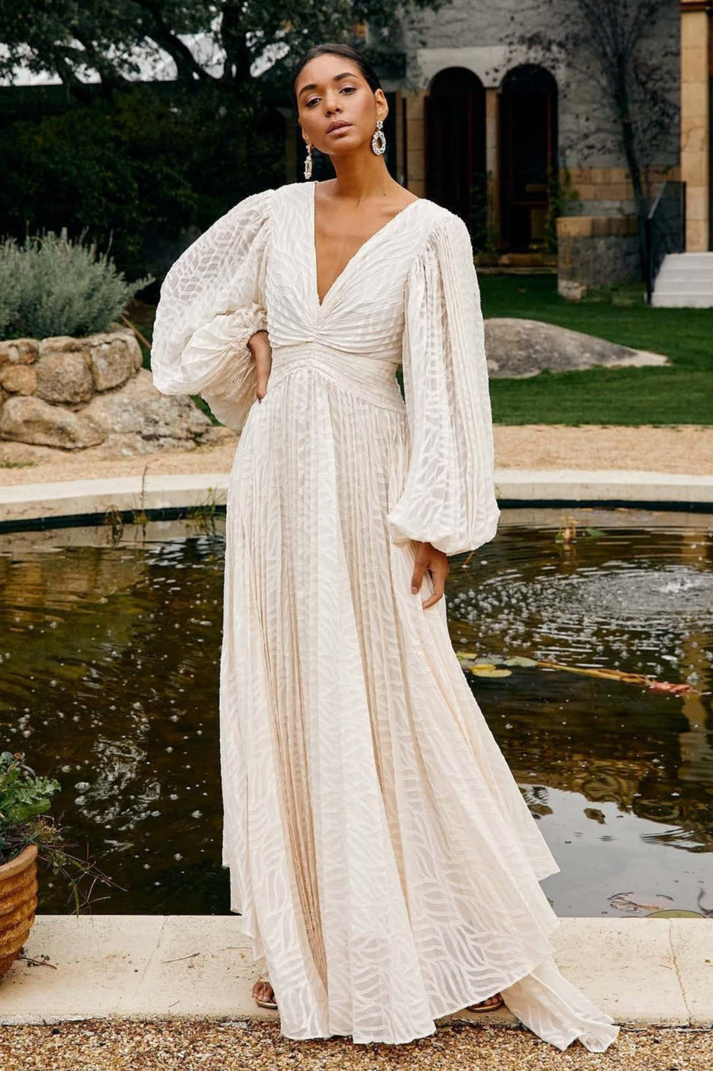 Full Flare Jacquard Ruched Puff Sleeve Backless Tie Maxi Dress image 1