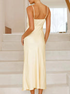 Willa Satin Dress detail view styled for Avrienne