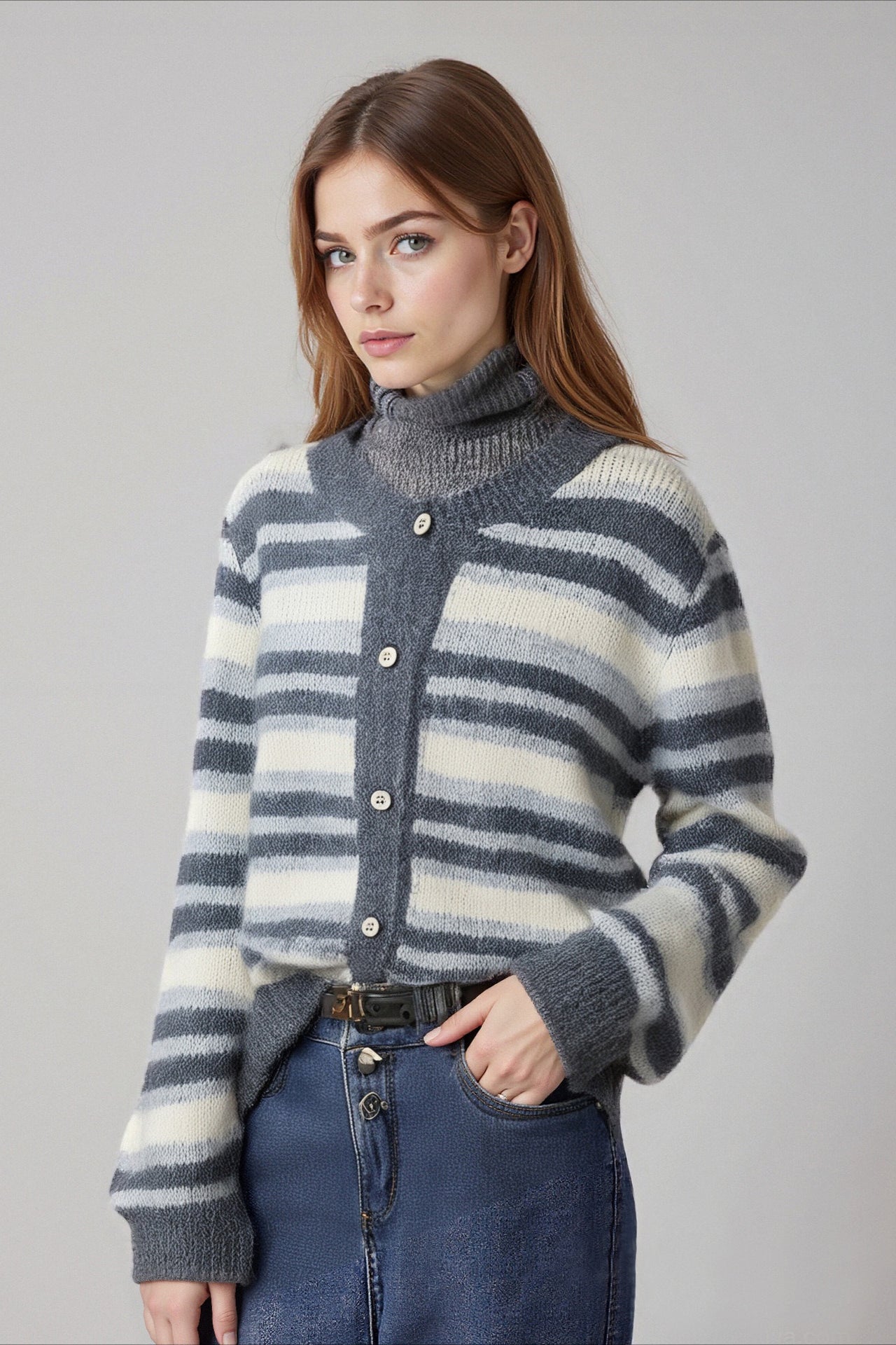 Retro Stripe Color Block Loose Slim Crew Neck Knit Cardigan image 1