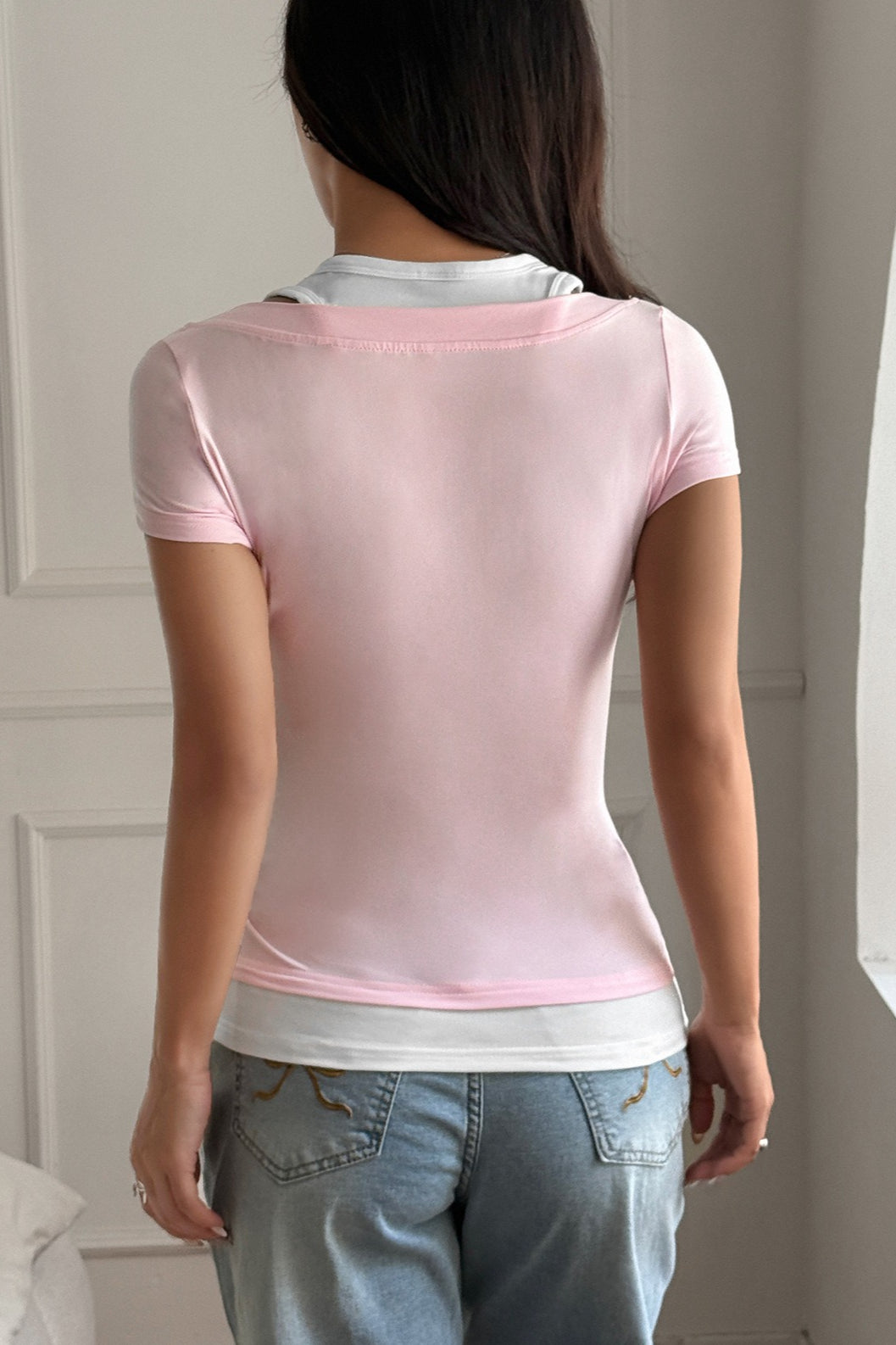 Color Block Fake Two Piece Cami Sleeve T‑shirt image 3