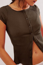 Ribbed Button Short Sleeve Casual Blouse image 2