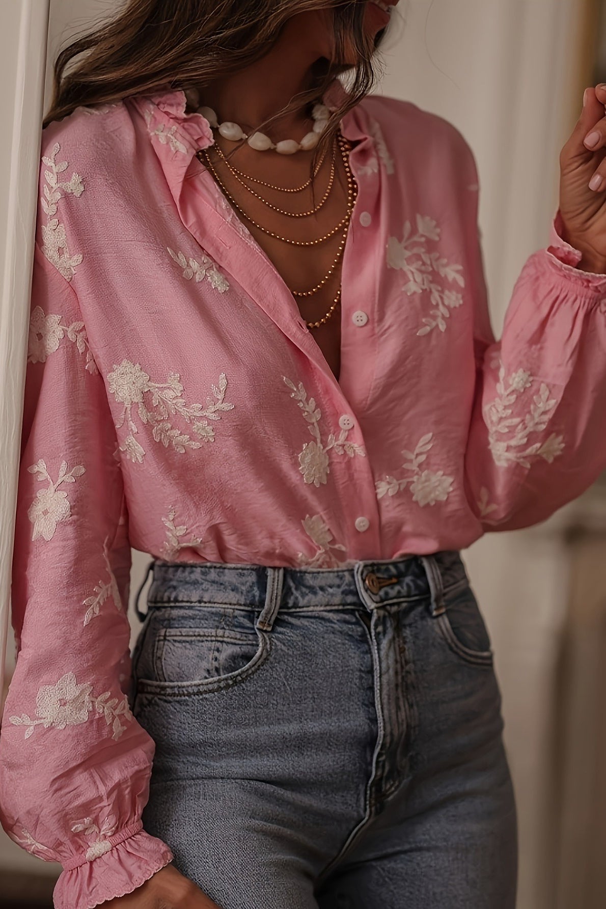 Collared Print Puff Sleeve Blouse image 1