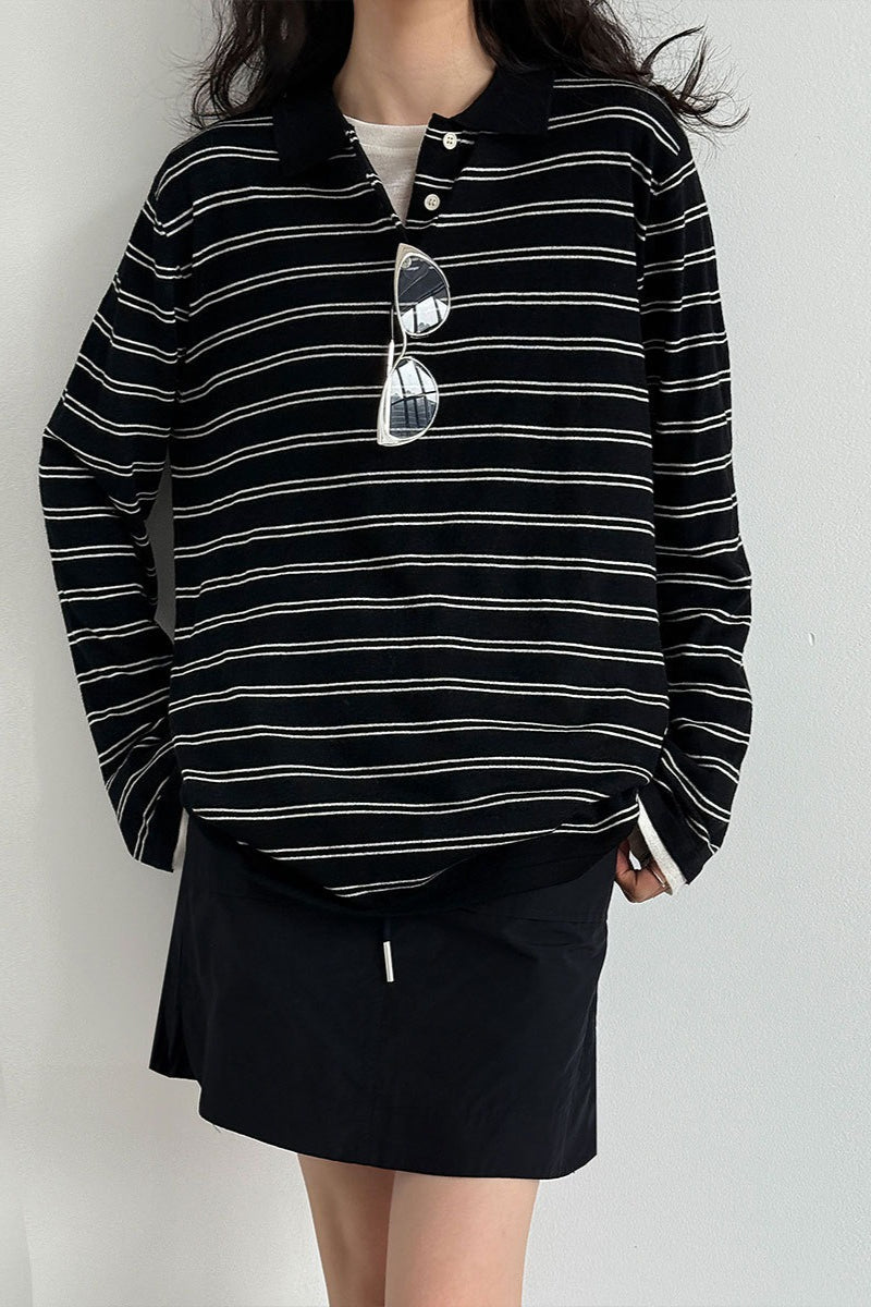 Soft Wool Striped Polo Collar Long Sleeve Long Sleeve Tee image 5
