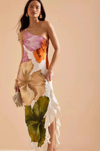 Ruffled One-Shoulder Flowing Suspender Maxi Dress image 4