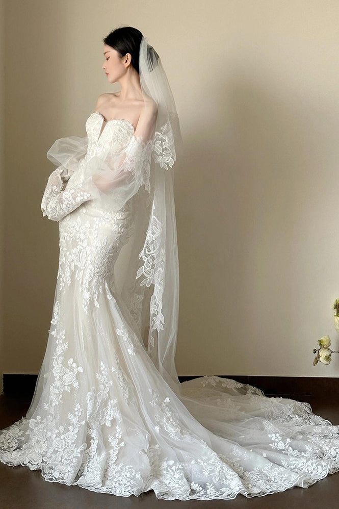 Lace Strapless Mermaid Train Wedding Dress image 1