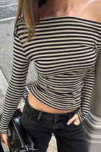 Color-Block Stripe Asymmetrical Neck Long Sleeve Tee image 3