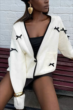 V Neck Bow Color Block Long Sleeve Knit Cardigan image 2