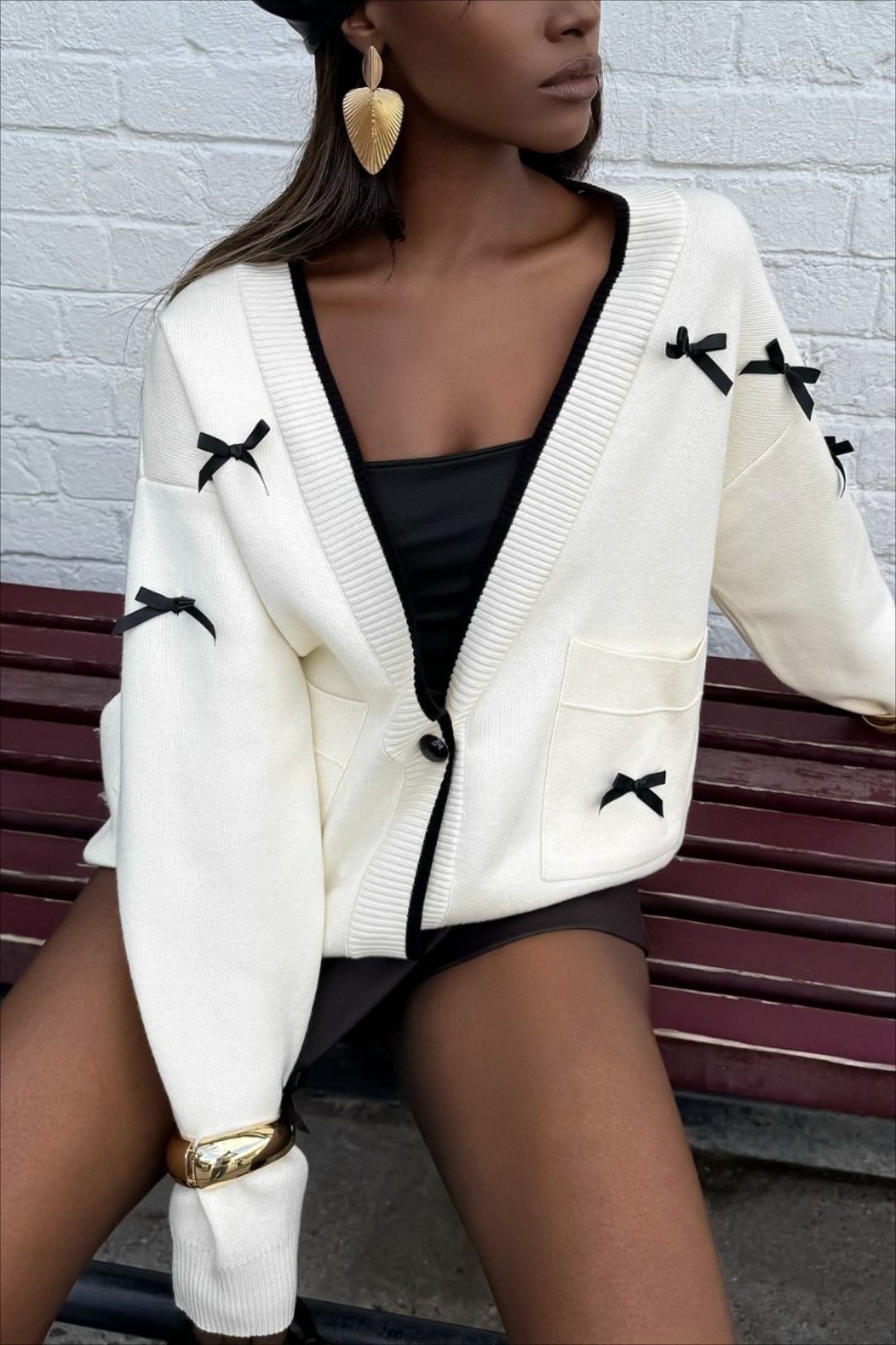 V Neck Bow Color Block Long Sleeve Knit Cardigan image 2