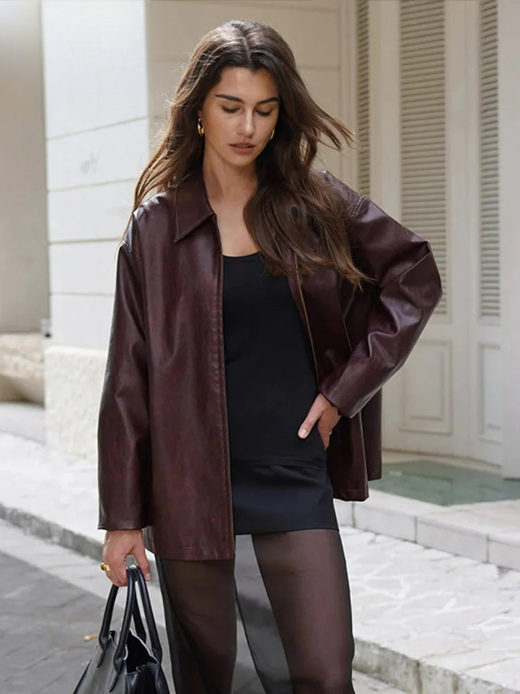 Faux Leather Wine Red Coat image 1