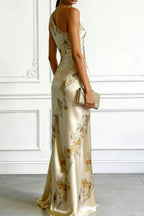 Elegant Off Shoulder Asymmetrical Neckline Print Slim Fit Maxi Dress image 2