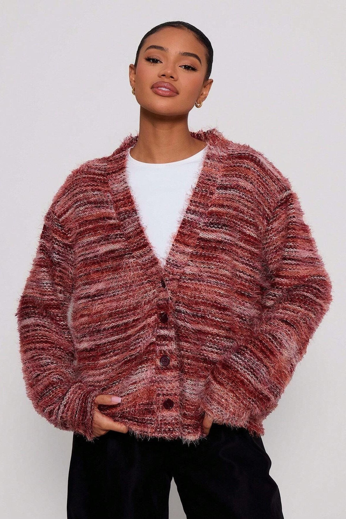New Retro Fashion Deep V-Neck Maillard Plush Long-Sleeve Knit Cardigan image 5