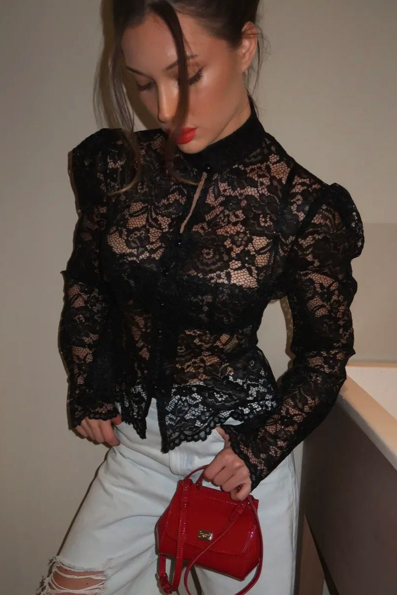 Lace Puff Sleeve Stand Collar Elegant Blouse image 5