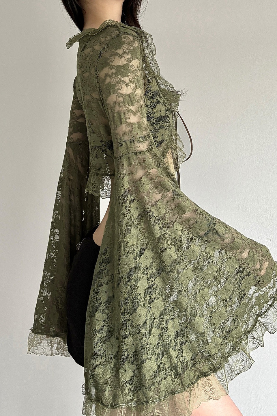 Sheer V Neck Lace Flare Sleeve Blouse image 4