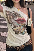 Butterfly Lips Print Off‑Shoulder T‑shirt image 4
