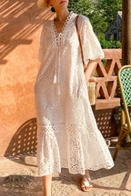 Embroidered Puff Sleeve White Maxi Dress image 1