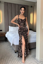 Leopard Print Ruched Waist Cinched Maxi Dress image 1
