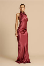 Solid Satin Halter Backless Maxi Dress image 7