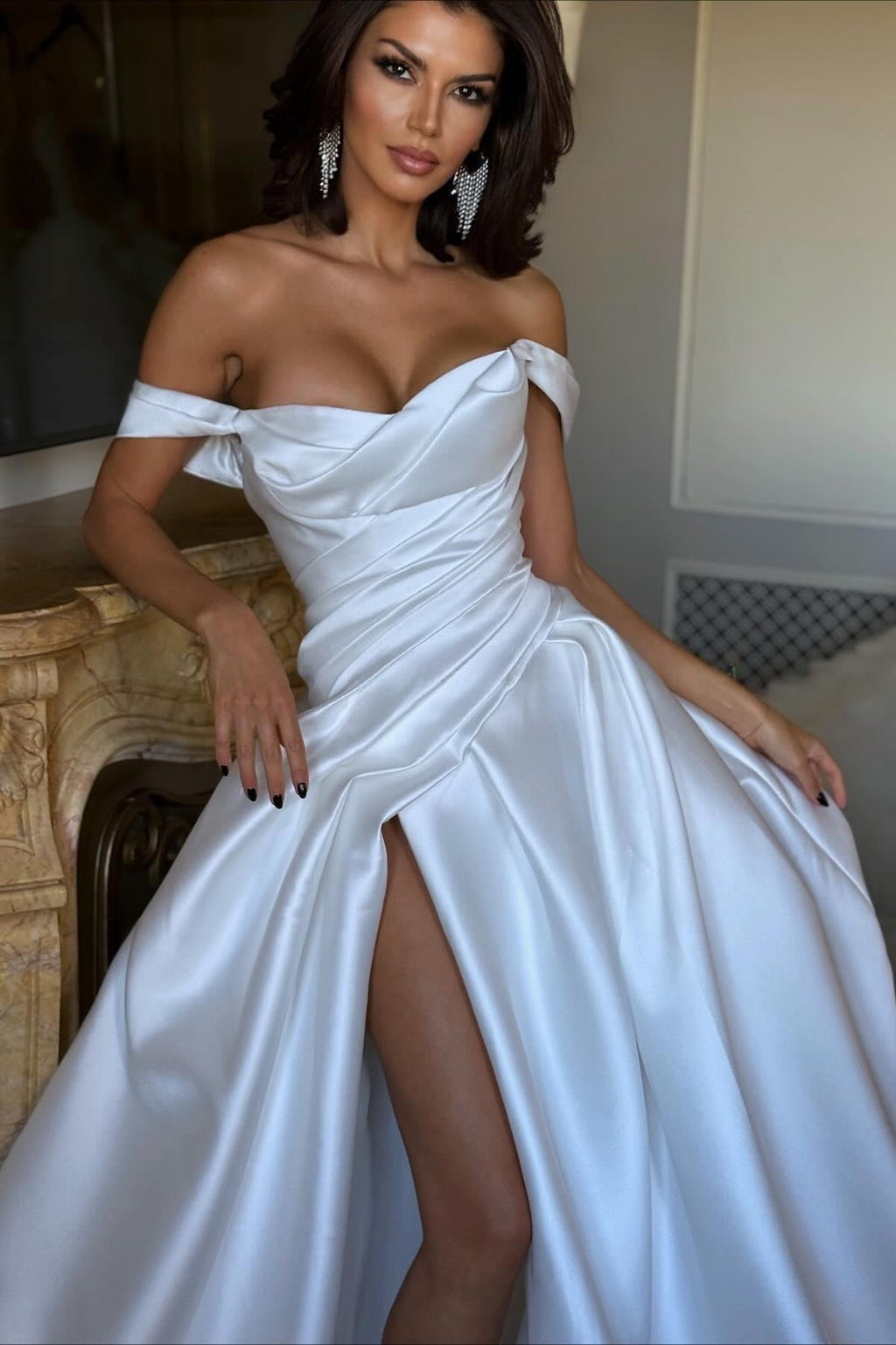 Off Shoulder Satin Ruched High Slit Wedding Dress image 2