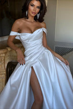 Off Shoulder Satin Ruched High Slit Wedding Dress image 2