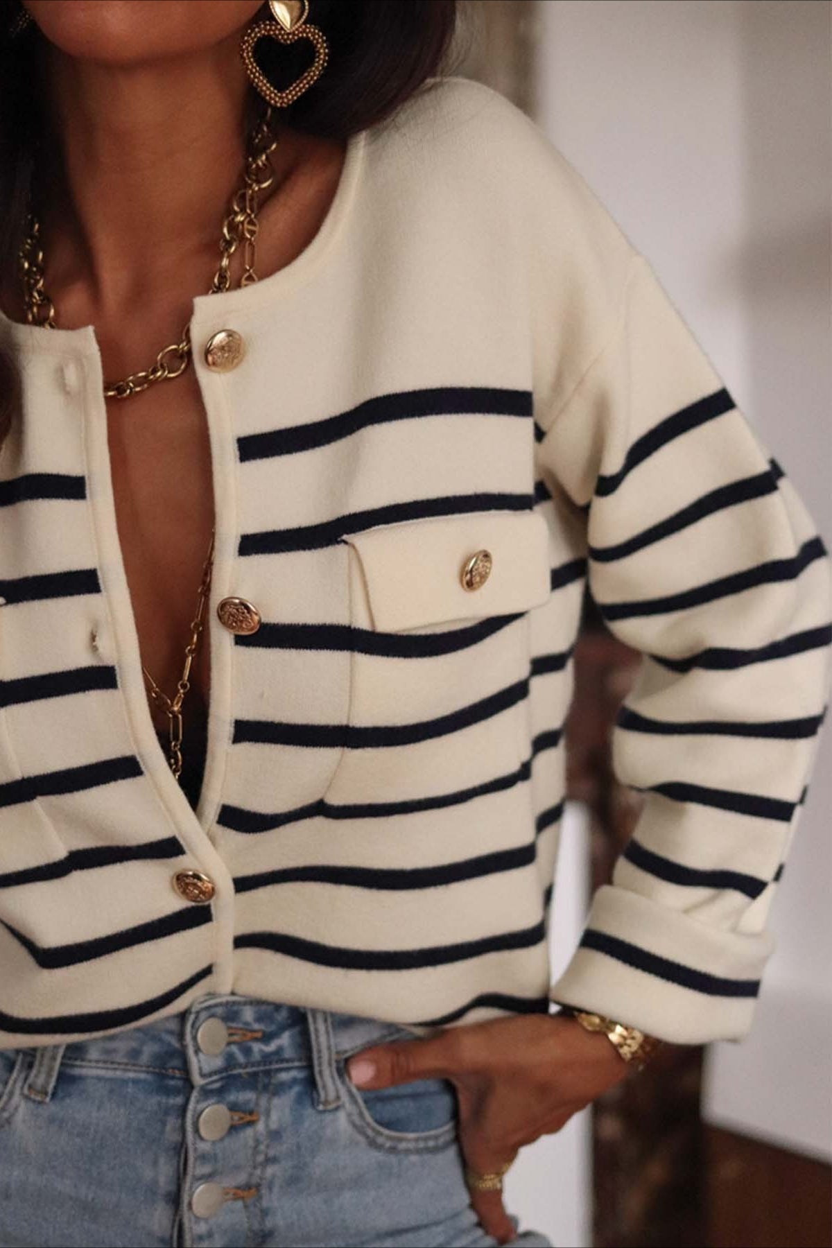 Stripe Button Long Sleeve Knit Blouse image 3