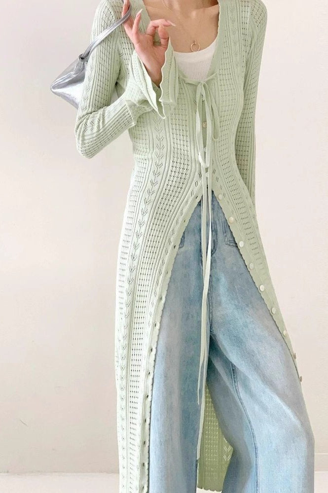 Lightweight Light Green V-Neck Bell-Sleeve Lace-Up Midi Knit Cardigan image 4