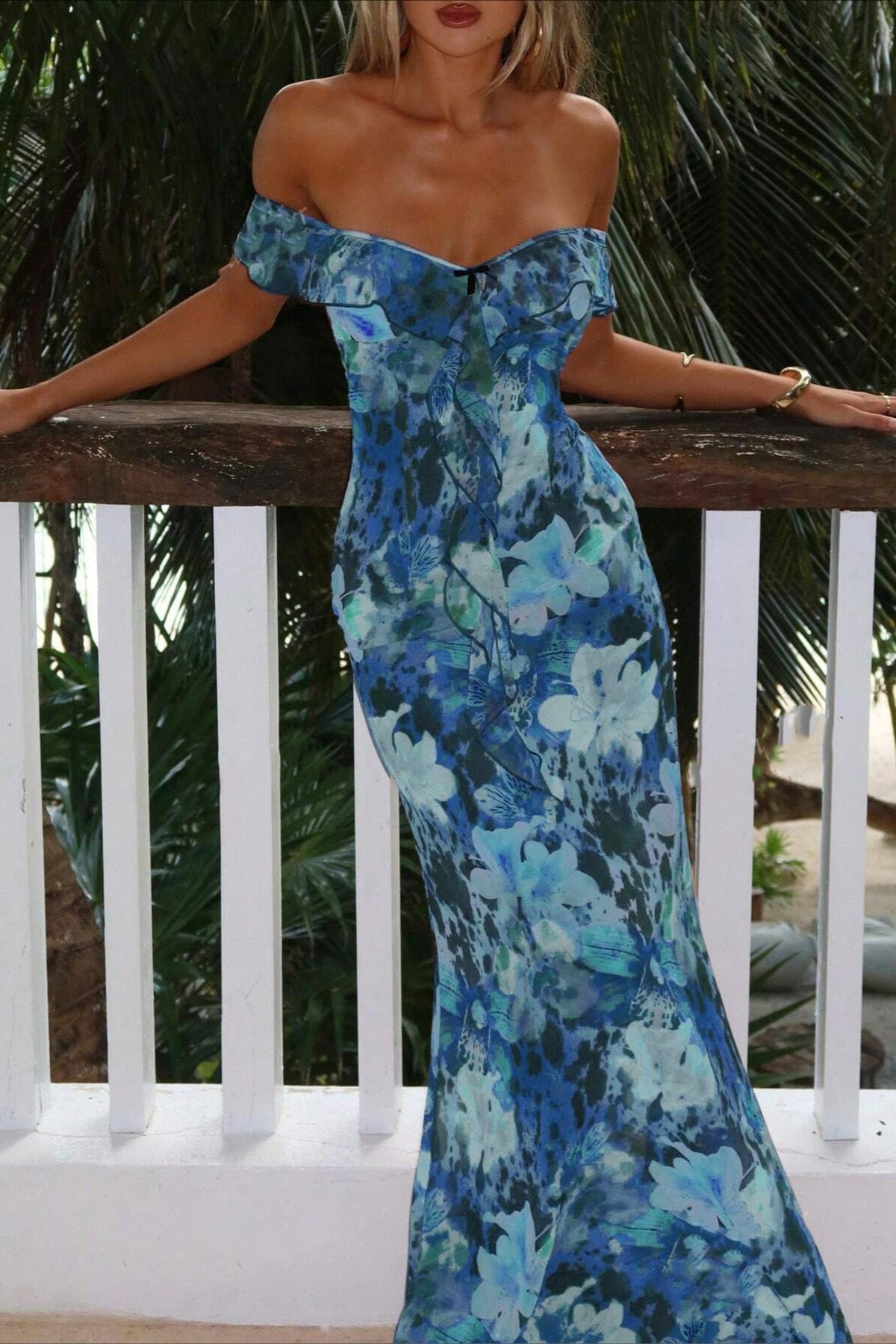 Tie Strapless Ruffled Print Sexy Bodycon Maxi Dress image 11