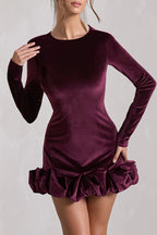 Luxe Velvet Crew Neck Pleated Long Sleeve Mini Dress image 4