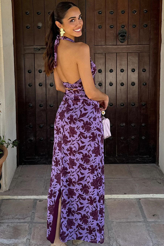 Backless Halter Print Slit Maxi Dress image 3