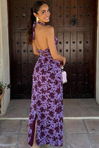 Backless Halter Print Slit Maxi Dress image 3