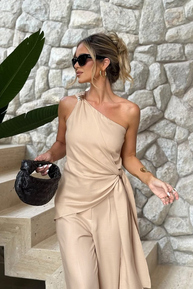 One Shoulder Asymmetric Tie Top High Waist Pants Two Piece Set image 5