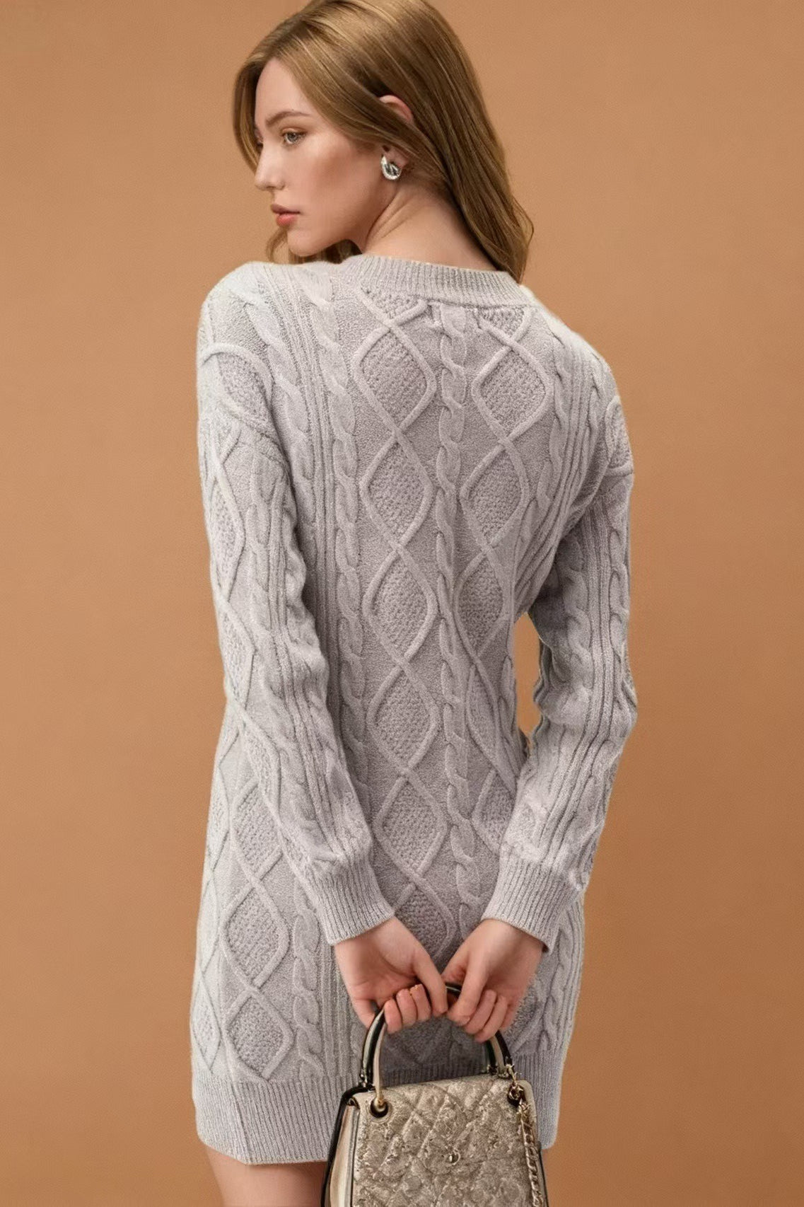V-Neck Solid Cable-Knit Sweater Mini Dress image 11