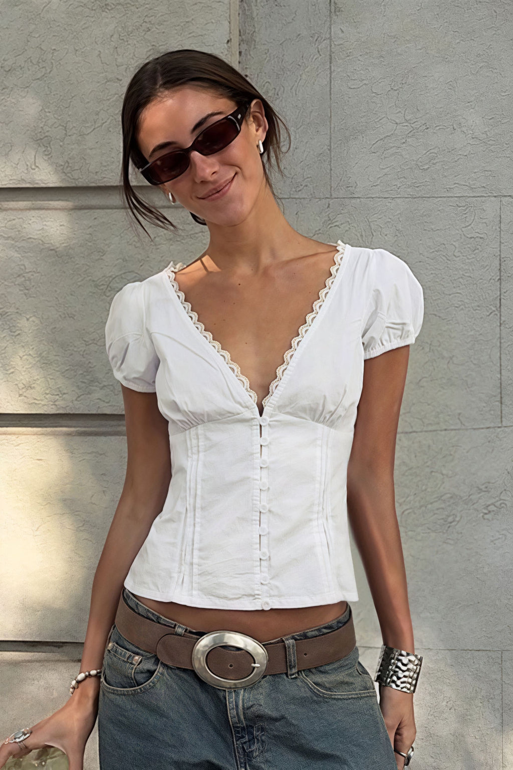 Lace Patchwork V Neck Puff Sleeve Blouse image 2