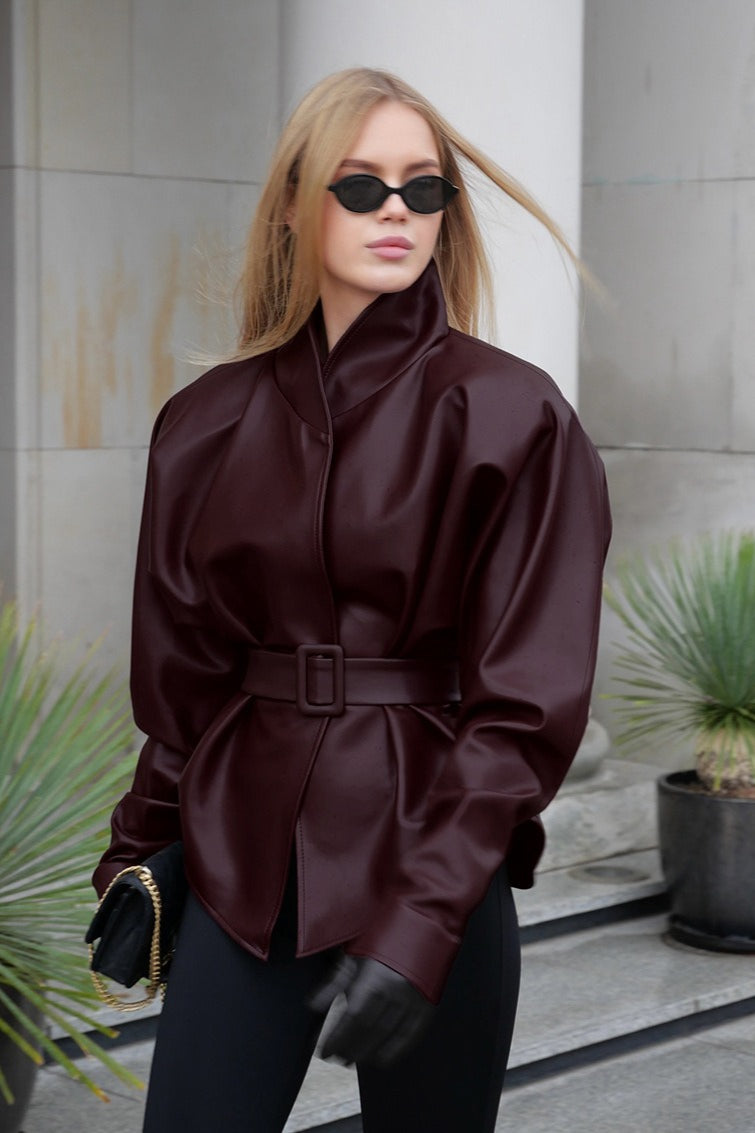 Stand Collar Trench Leather Jacket image 3
