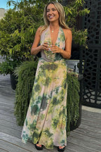 Watercolor Print Deep V Cowl Neck Backless Cami Ruched Maxi Dress image 5