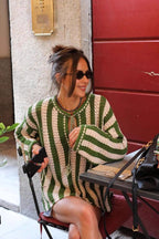 Green White Striped Tie Front Sweater image 2