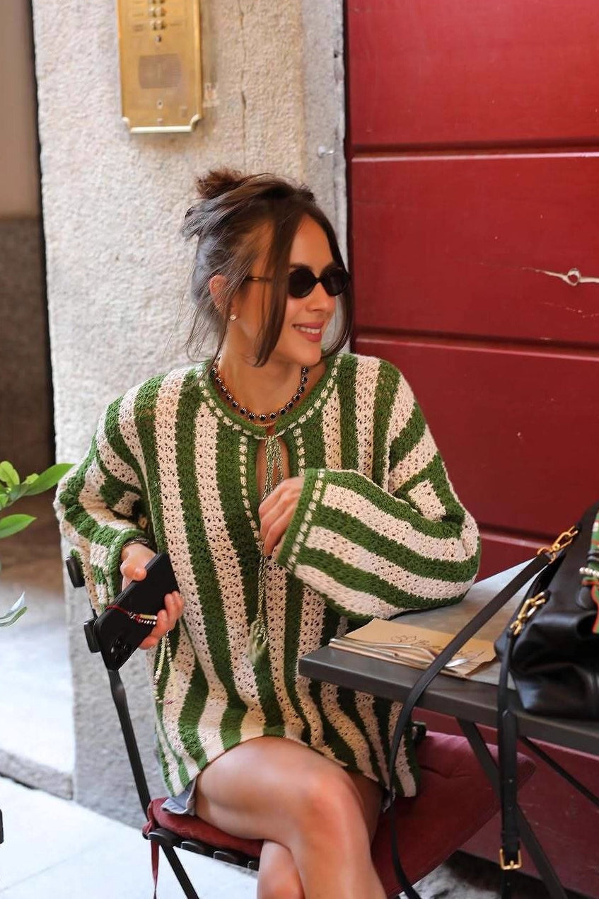 Green White Striped Tie Front Sweater image 5
