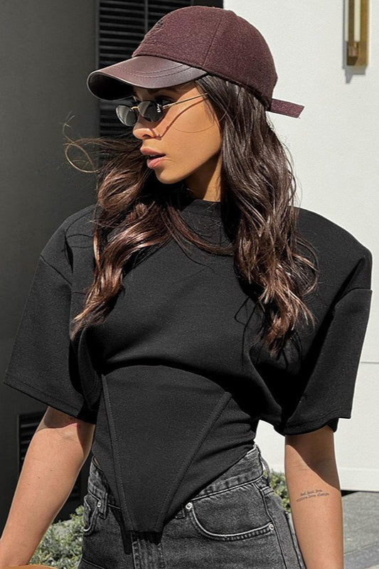 Chic Solid Wide Shoulder Tie Waist Elbow Sleeve T-shirt image 9