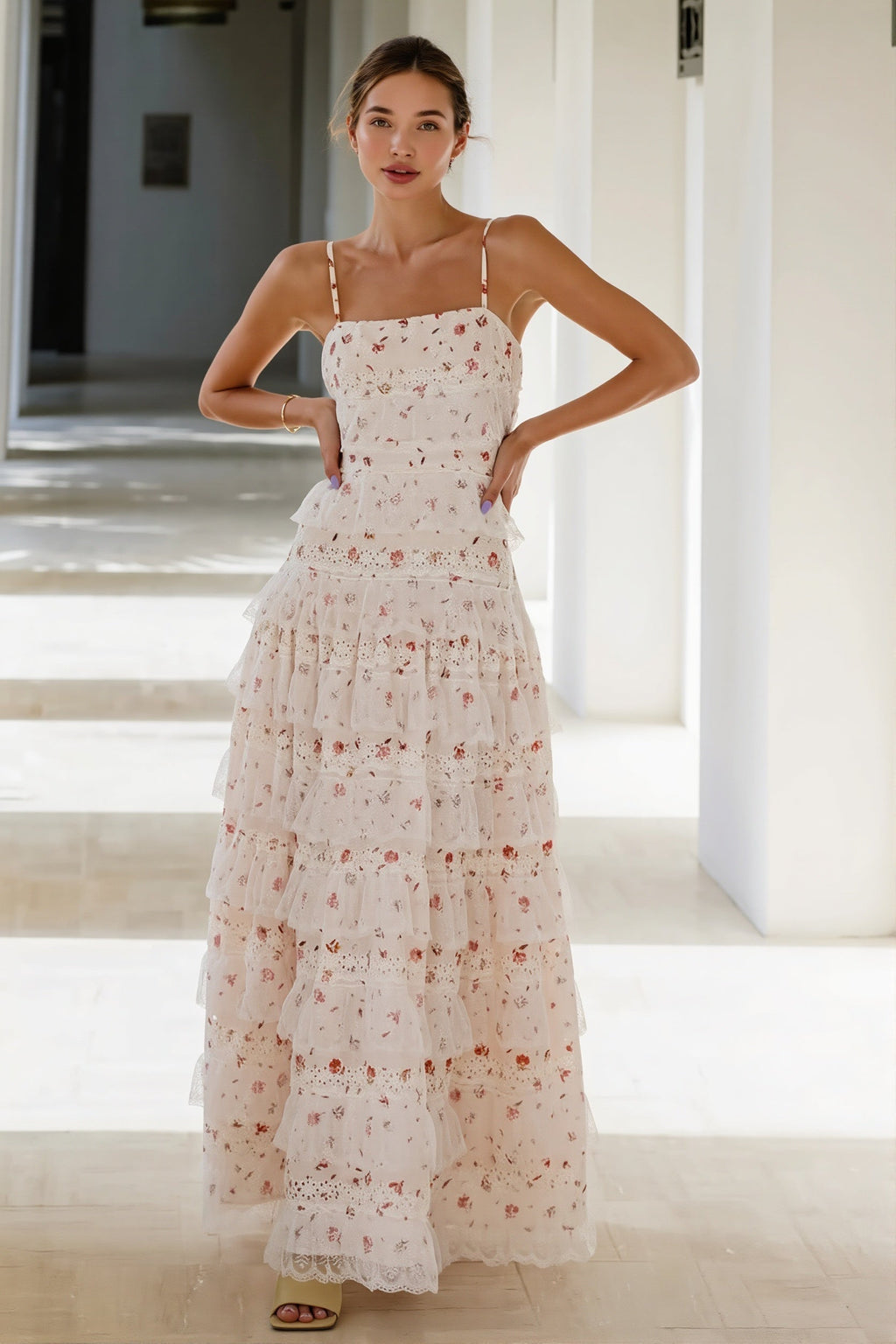 Sexy Lace Trim Print Tiered Ruffle Hem Cami Maxi Dress image 1