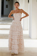 Sexy Lace Trim Print Tiered Ruffle Hem Cami Maxi Dress image 1