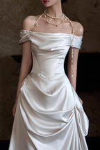 Off Shoulder Satin Train Reception Dress image 2