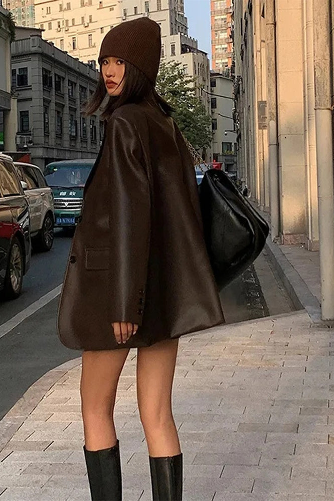 Black PU Leather Blazer Jacket image 6