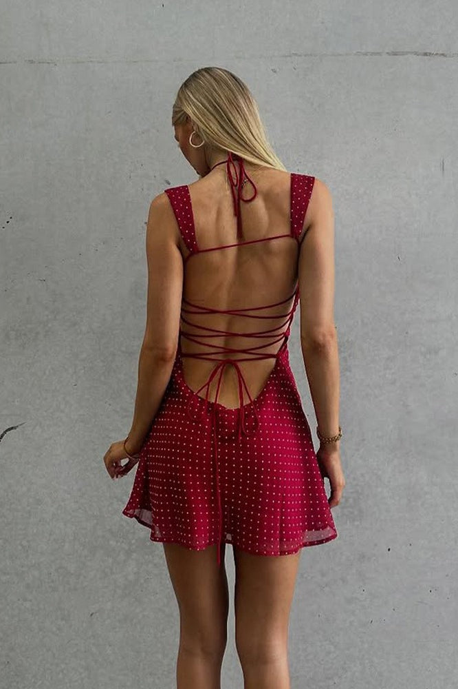 Sexy Chiffon Polka Dot Backless Tie Mini Dress image 2