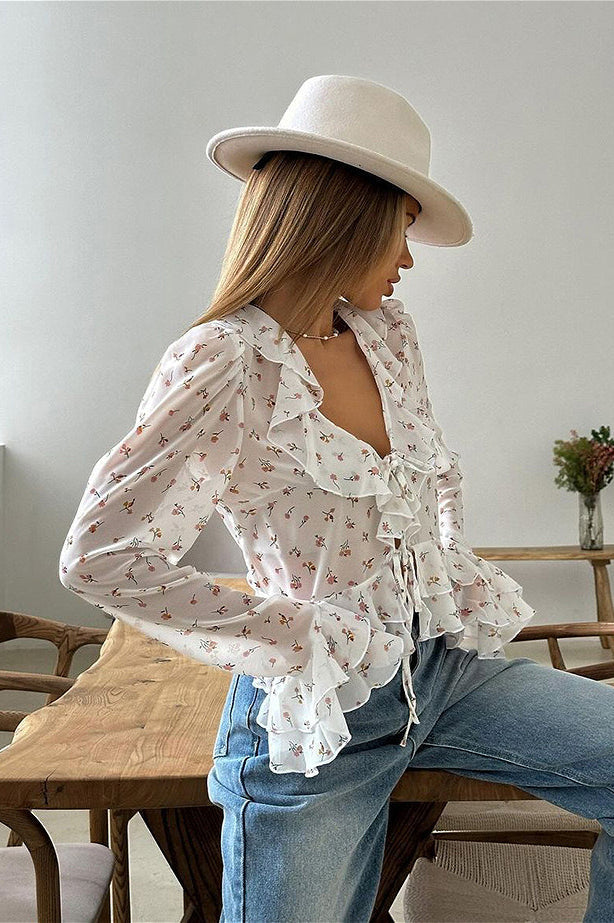 Floral Print Slim Fit V-neck Ruffled Blouse image 3