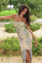 Oil Painting Print Strapless Bodycon Waist-Cinched Split Maxi Dress image 1