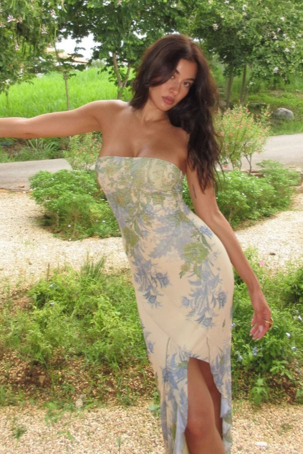 Oil Painting Print Strapless Bodycon Waist-Cinched Split Maxi Dress image 1
